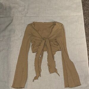Brown Ribbed Tie-Front Top